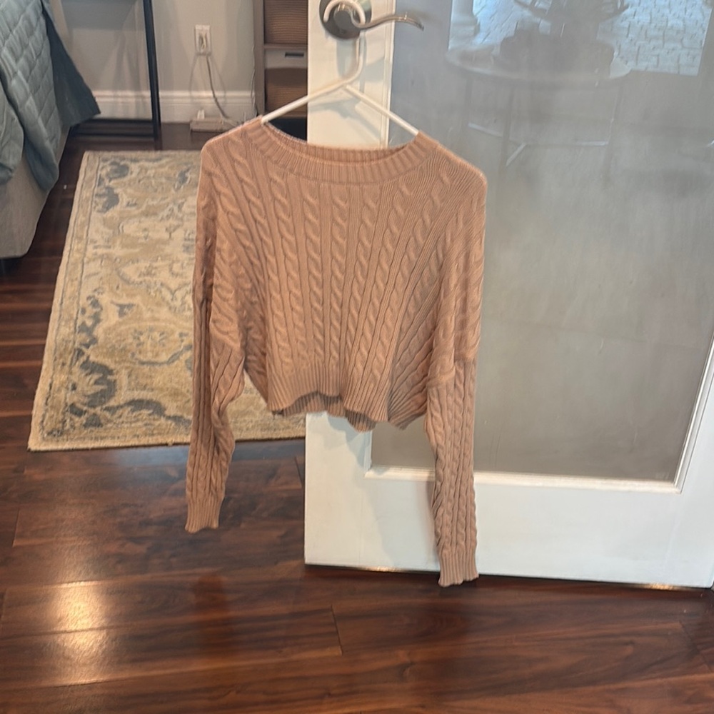 Altar'd State Tan Crew Neck Cable Knit Sweater